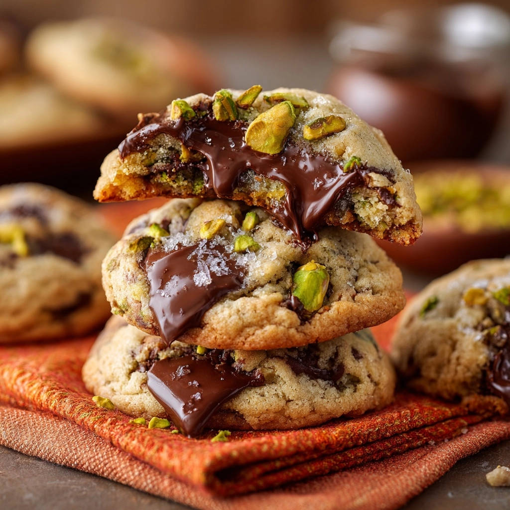 Schokoladen-Pistazien Cookies, gestapelt mit schmelzender Schokolade und Pistazien, die unwiderstehlich chewy sind.