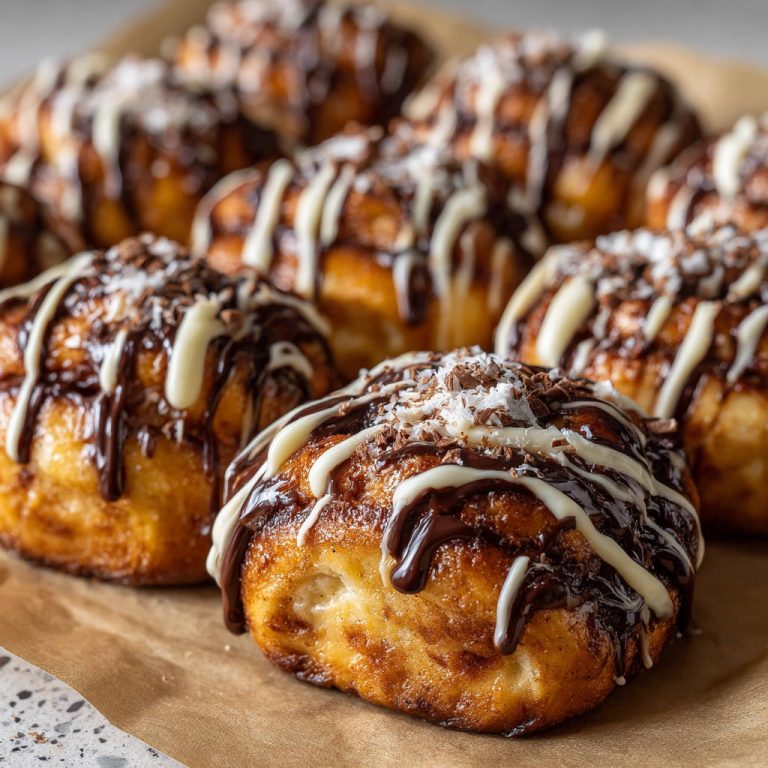 Saftige Schokoladen-Zimtschnecken mit Schokoladen- und weißer Glasur, bestreut mit Kokosraspeln und Schokostückchen.
