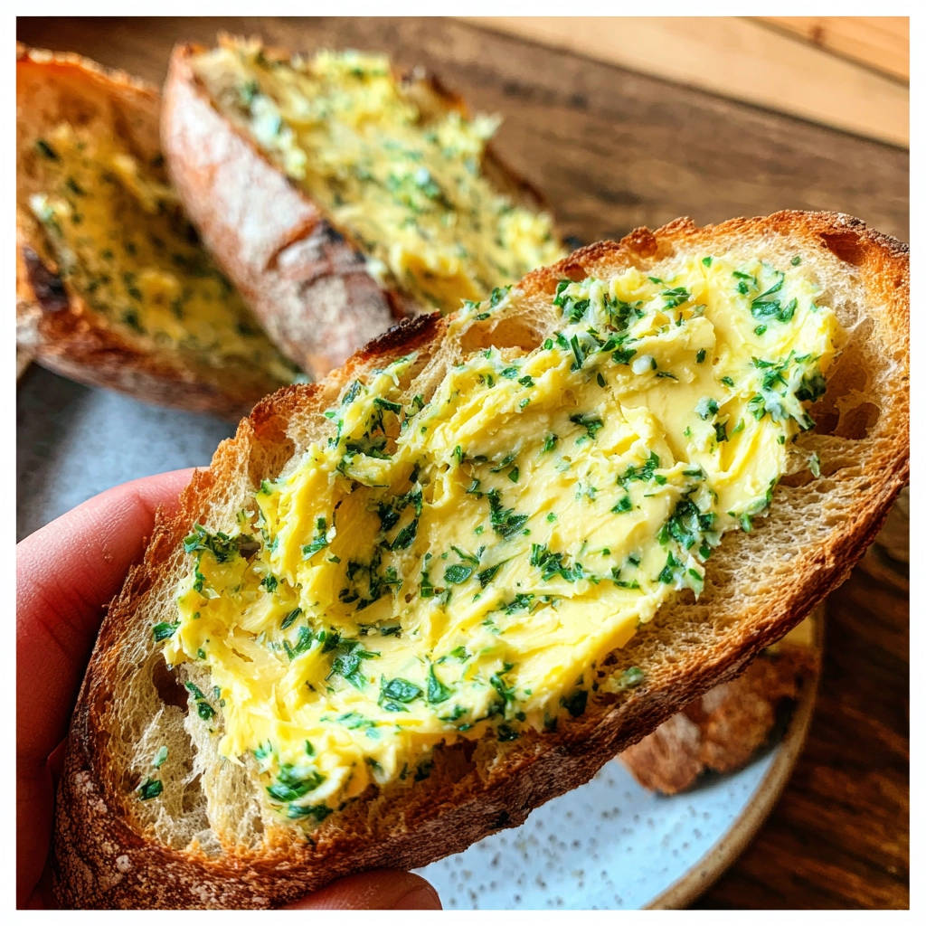 Selbstgemachte Kräuterbutter großflächig auf einer Scheibe Brot verteilt, mit frischen Kräutern durchsetzt.