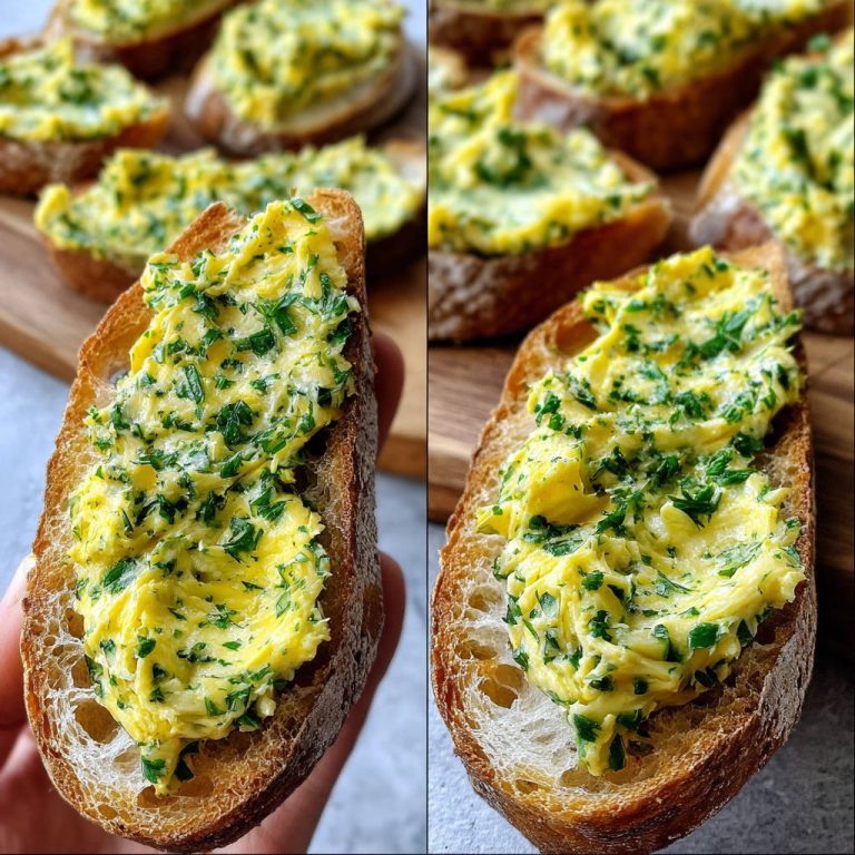 Selbstgemachte Kräuterbutter auf einer gerösteten Brotscheibe, Nahaufnahme der cremigen Butter mit frischen Kräutern.