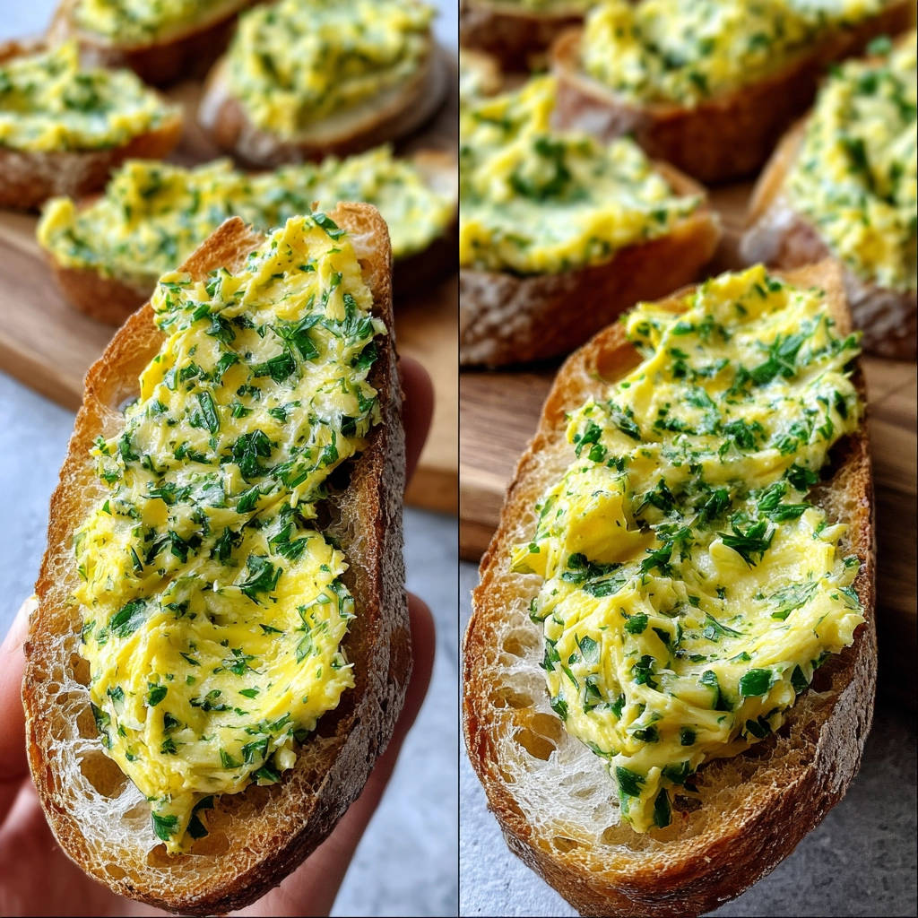 Selbstgemachte Kräuterbutter auf einer gerösteten Brotscheibe, Nahaufnahme der cremigen Butter mit frischen Kräutern.