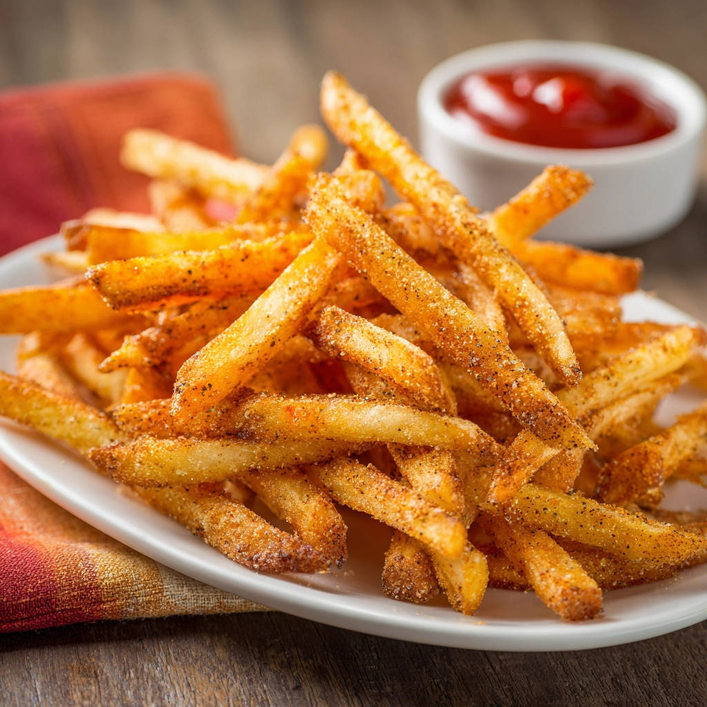 Selbstgemachte Pommes frites, nahaufnahme einer portion mit ketchup im hintergrund, auf einem holztisch serviert
