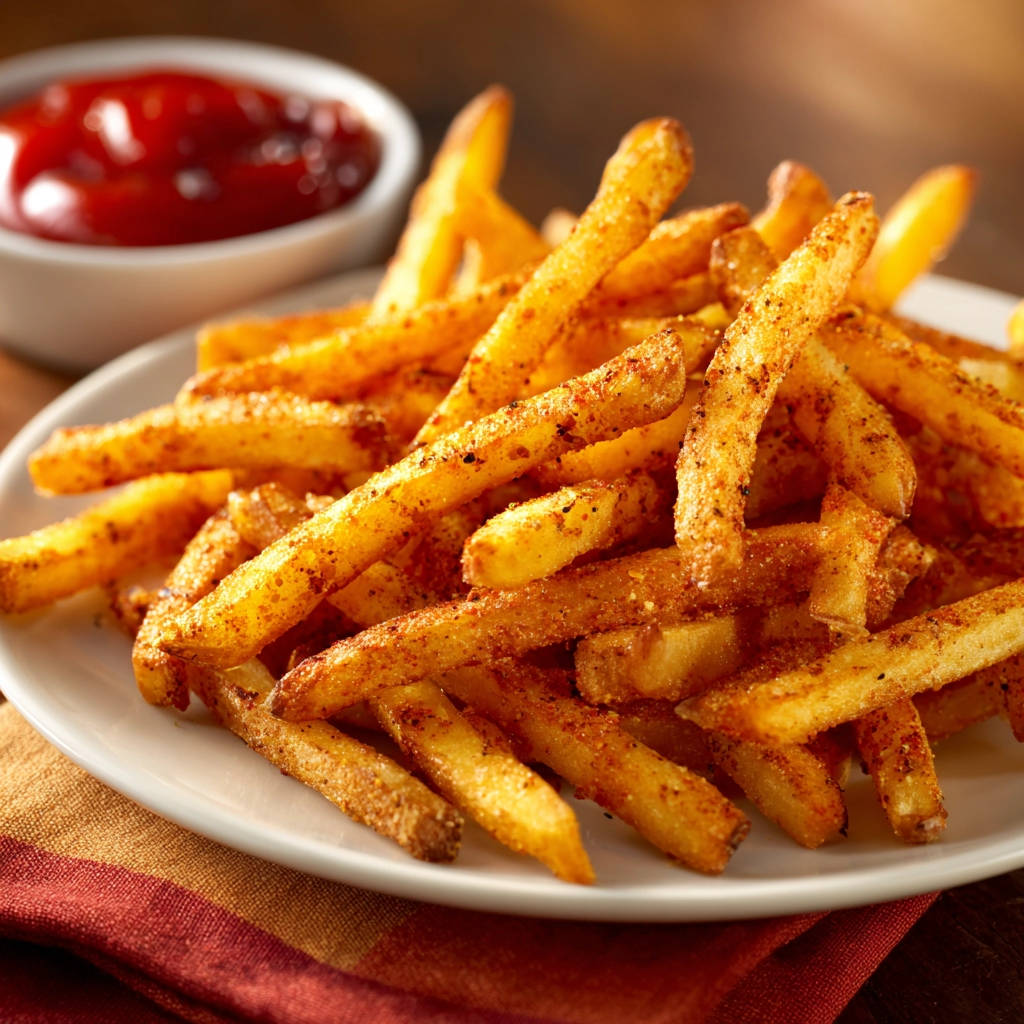 Selbstgemachte Pommes frites, serviert mit Ketchup auf einem Teller, mit Fokus auf die Textur der gebratenen Kartoffelstäbchen.