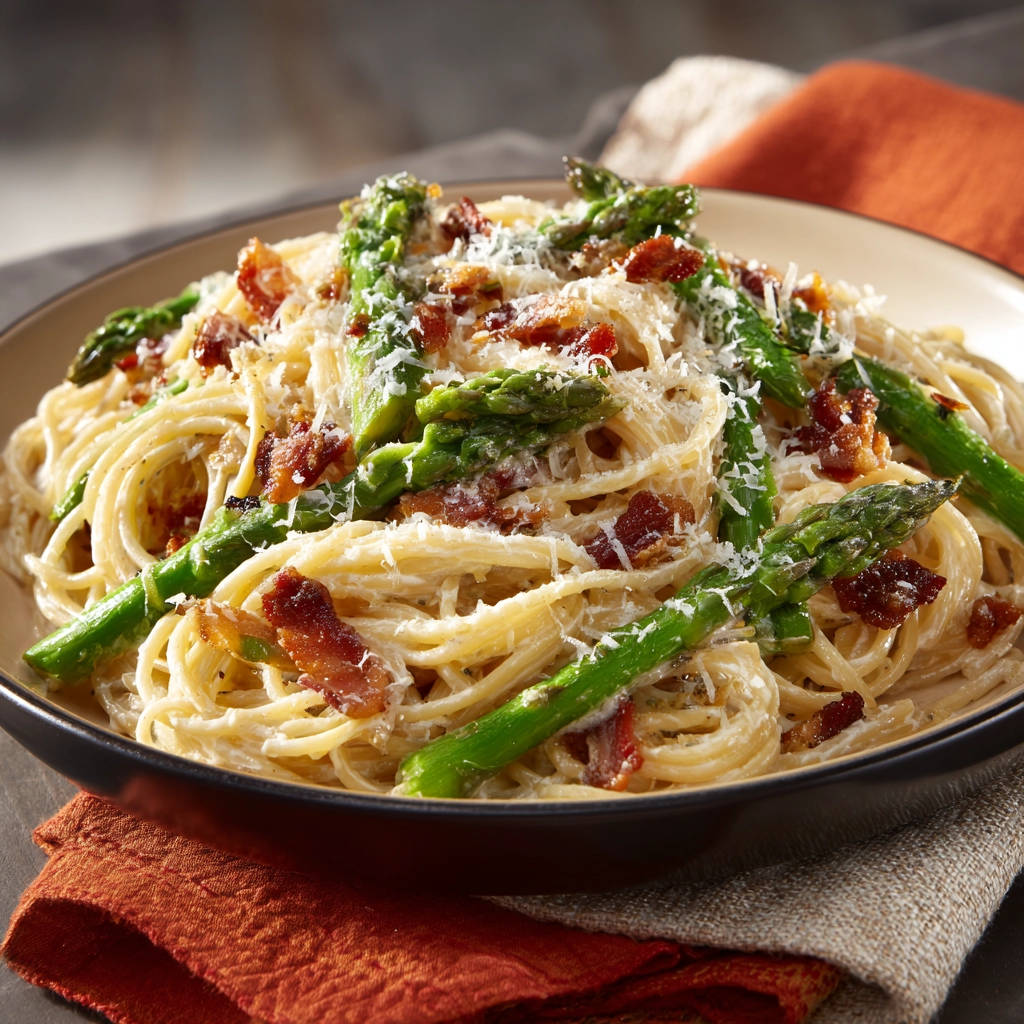 Spaghetti mit Spargel und Speck in cremiger Soße, garniert mit geriebenem Parmesan und Speckstückchen, nahaufnahme.