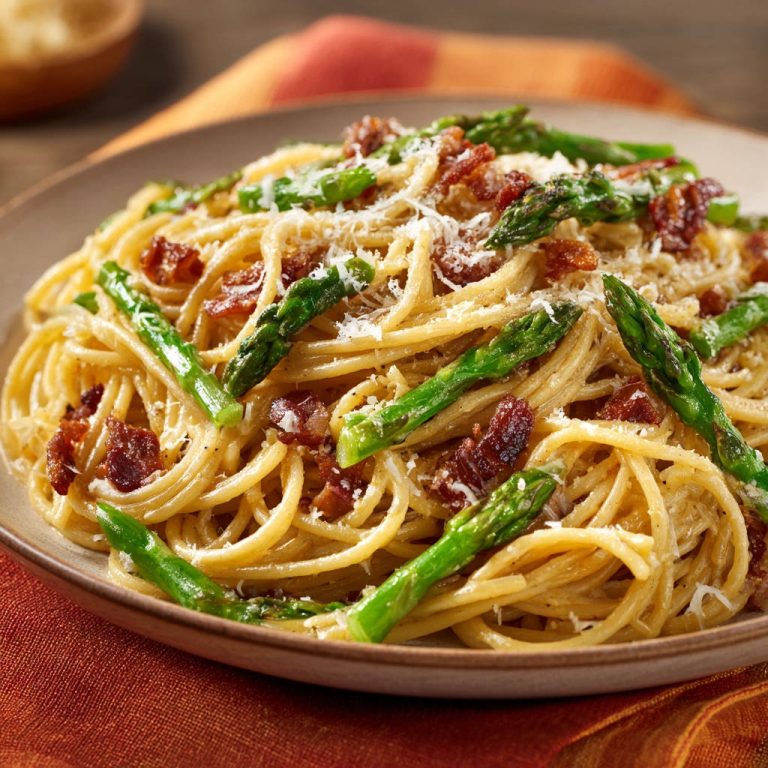 Spaghetti mit Spargel und Speck, eine Nahaufnahme der cremigen Pasta mit grünen Spargelspitzen und Speckstücken, bestreut mit Parmesan.