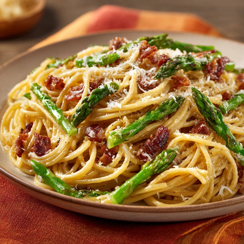 Spaghetti mit Spargel und Speck, eine Nahaufnahme der cremigen Pasta mit grünen Spargelspitzen und Speckstücken, bestreut mit Parmesan.