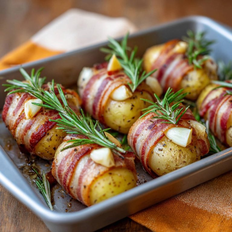 Speck-Kartoffel-Päckchen mit Rosmarin und Knoblauch, frisch aus dem Ofen, mit einem Zweig Rosmarin garniert.