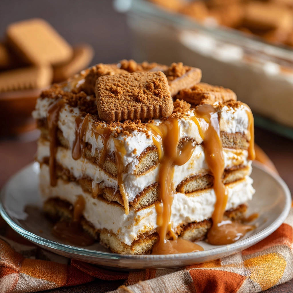 Spekulatius-Schichtdessert nahaufnahme mit Karamellsauce und Keksen garniert, zeigt die einzelnen Schichten des Desserts.