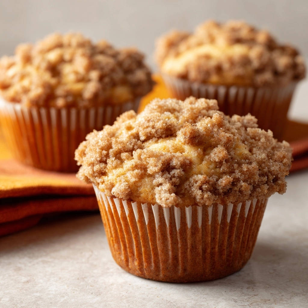 Streusel-Muffins mit einer detailreichen Nahaufnahme der knusprigen Streuselkruste auf drei Muffins.