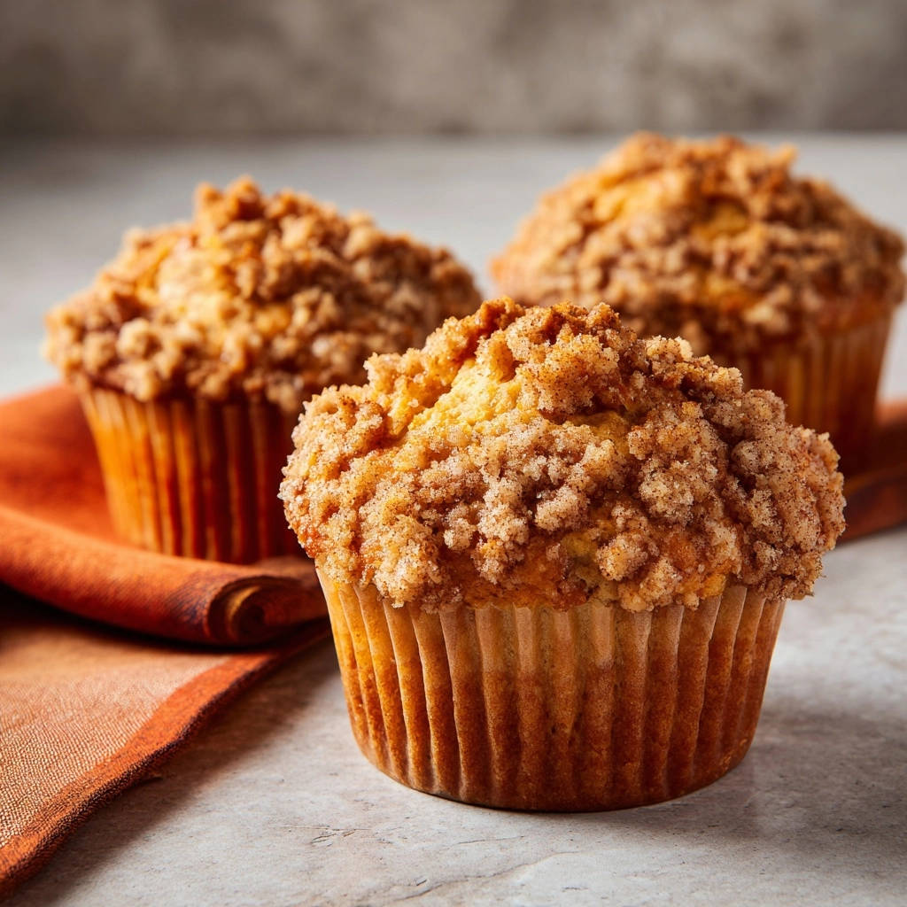 Streusel-Muffins mit einer dicken, knusprigen Streuselhaube, nah aufgenommen auf einem orangefarbenen Tuch