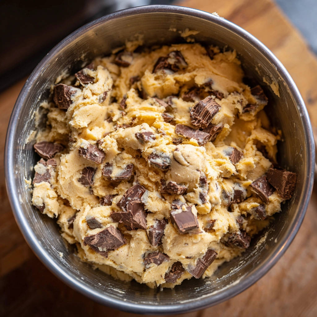 Superweiche Schoko-Chunk Cookies – Teig mit Schokoladenstücken in einer Schüssel, Nahaufnahme der Textur.