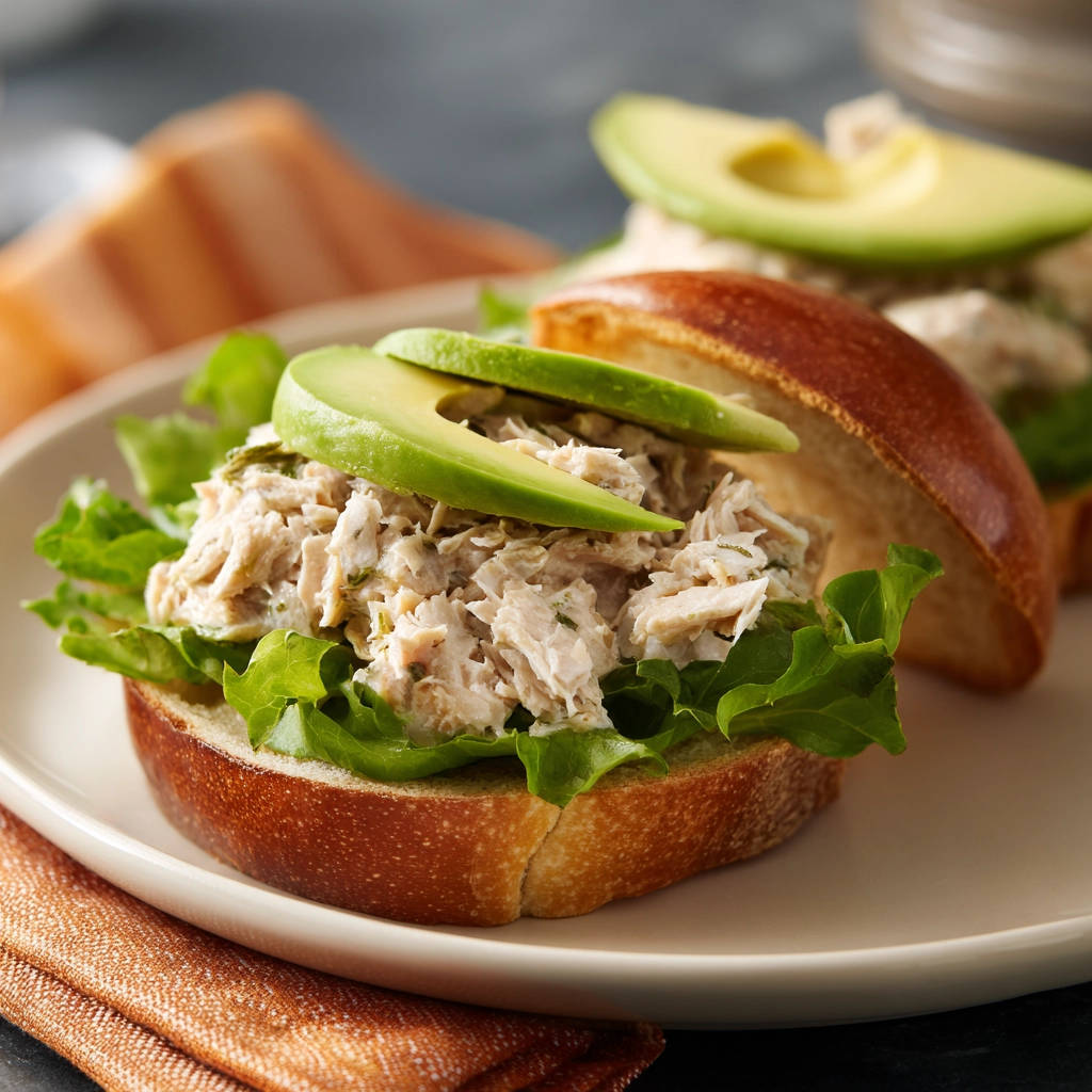 Thunfischsalat-Sandwich mit Avocado, nahaufnahme des belegten Brötchens mit Salat und Avocado-Scheiben.