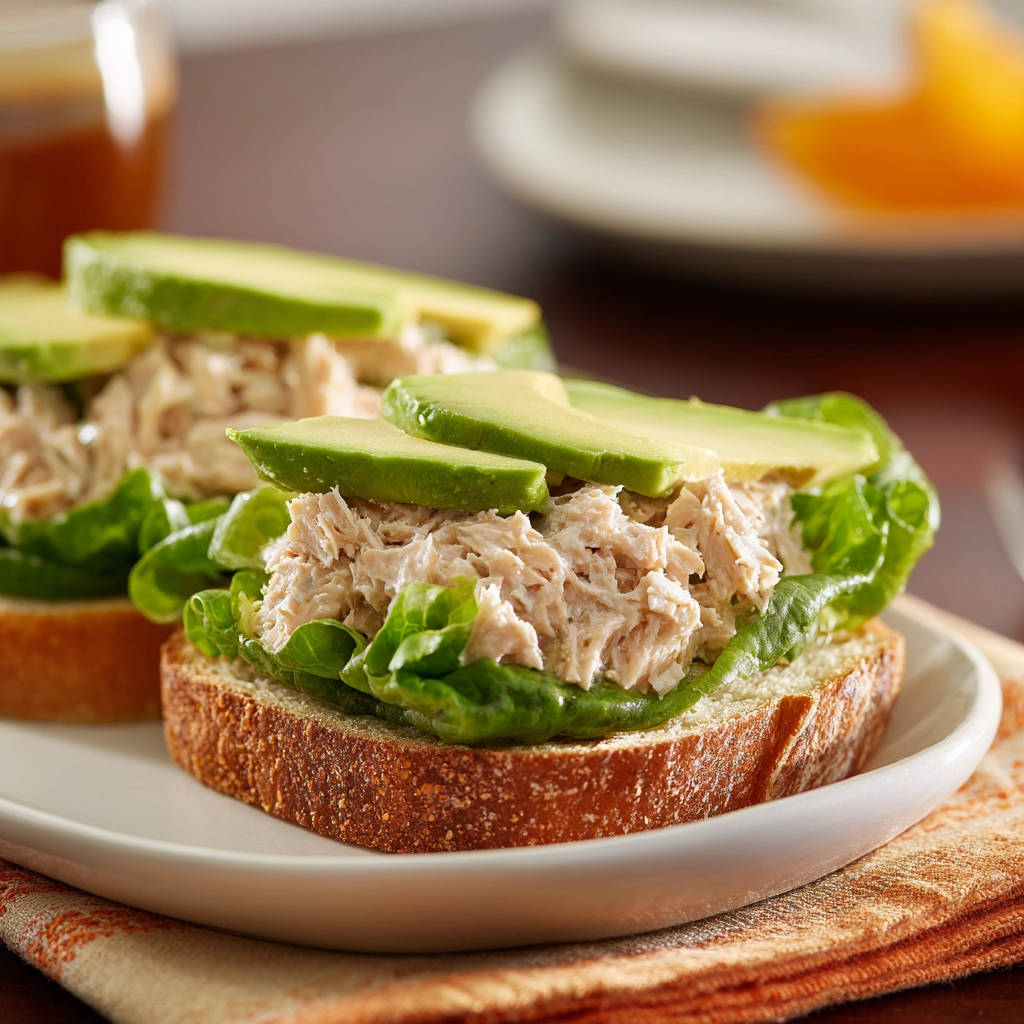 Thunfischsalat-Sandwich mit Avocado, nahaufnahme der geöffneten Sandwiches mit Salat, Thunfisch und Avocado-Scheiben
