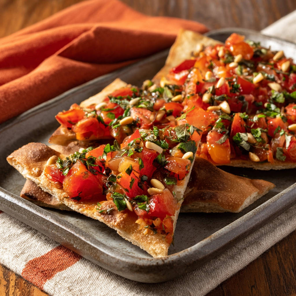 Tomaten-Fladenbrot, angeschnitten und auf einem Teller serviert, mit frischen Tomaten und Pinienkernen belegt.