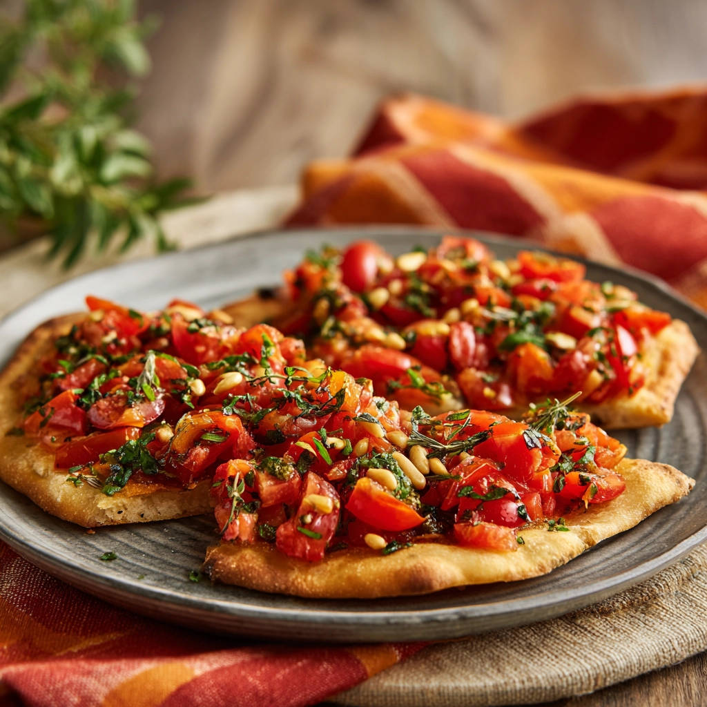 Tomaten-Fladenbrot mit frischem Belag und Pinienkernen, nahaufnahme des belegten Brotes.