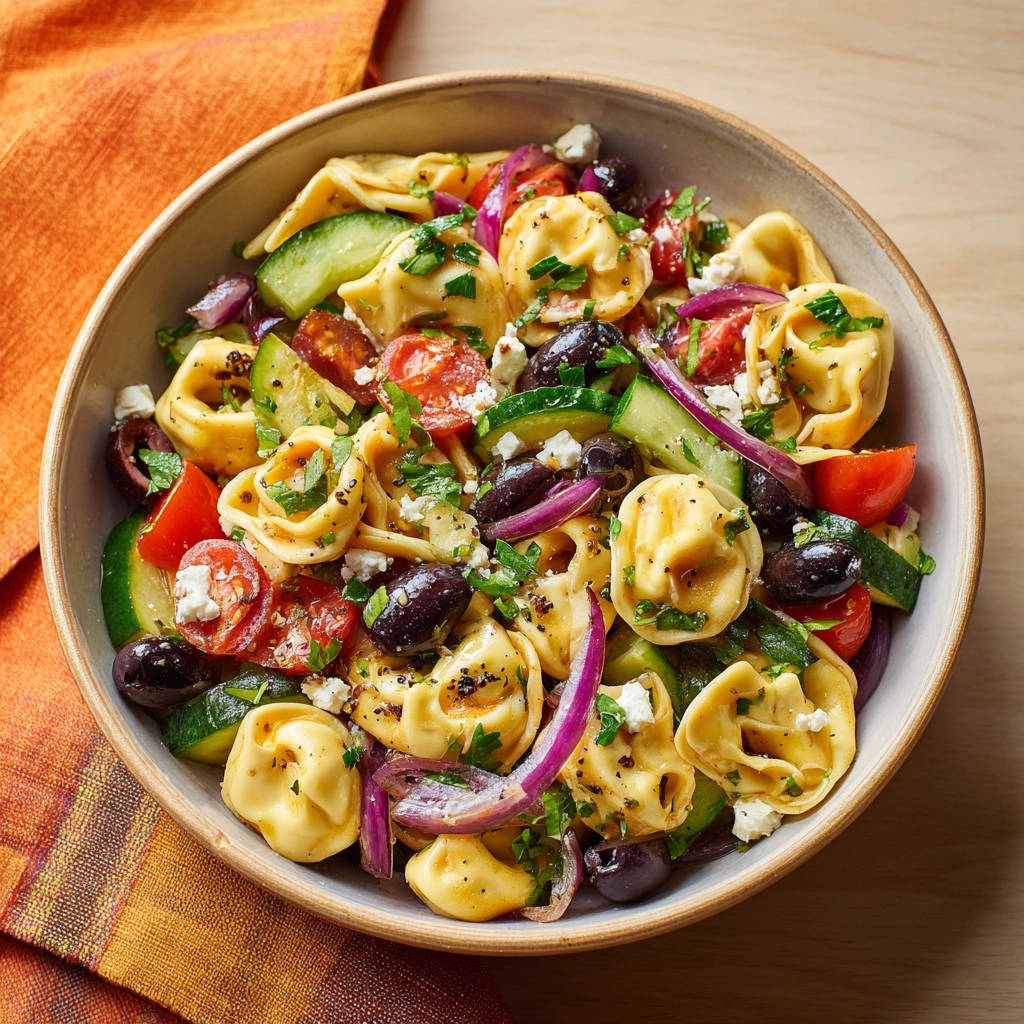 Tortellini-Salat nach griechischer Art in einer Schüssel von oben mit frischen Zutaten und Feta-Käse.