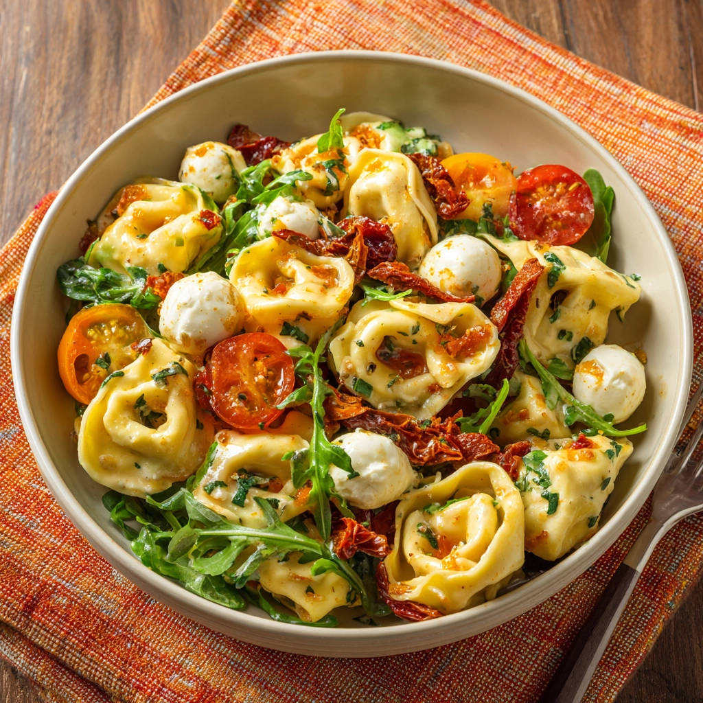 Tortellini Salat mit Rucola und Mozzarella, eine Nahaufnahme der Nudeln mit Tomaten und Käse.