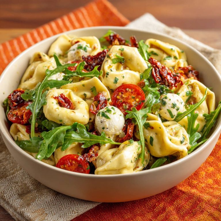 Tortellini Salat mit Rucola und Mozzarella, nahaufnahme der einzelnen Zutaten im Servierteller