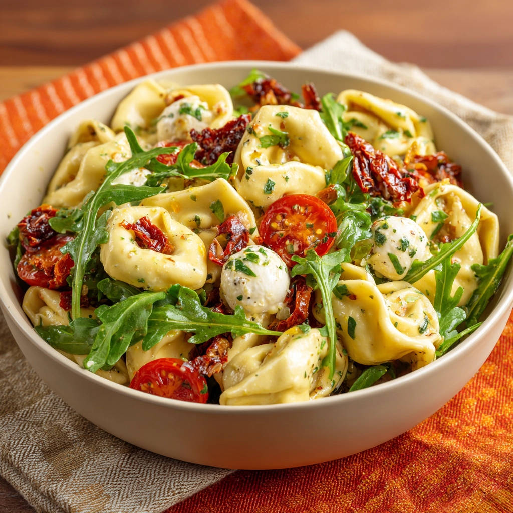 Tortellini Salat mit Rucola und Mozzarella, nahaufnahme der einzelnen Zutaten im Servierteller