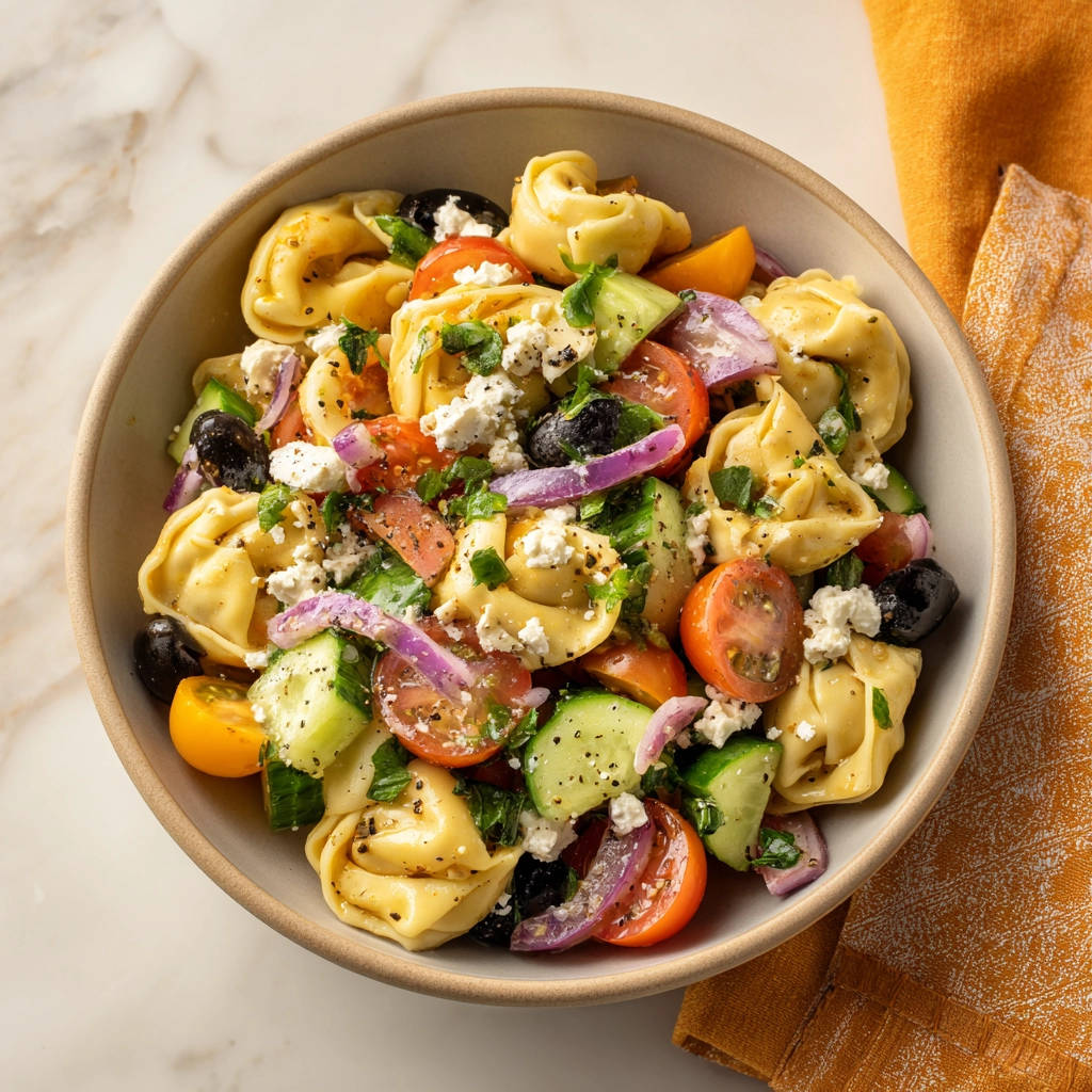 Tortellini-Salat nach griechischer Art in einer Schüssel, nahaufnahme mit Feta, Oliven und frischem Gemüse.