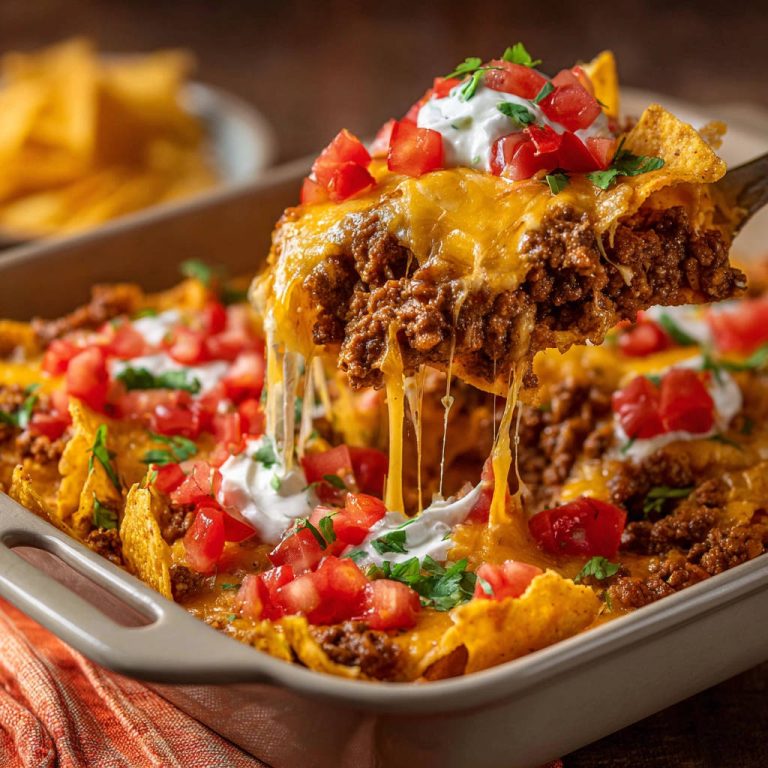 Überbackene Nachos Auflauf mit heißem, geschmolzenem Käse, der beim Anheben des Löffels Fäden zieht.