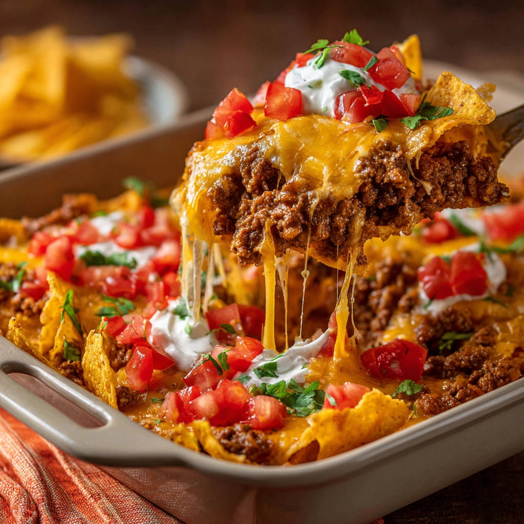 Überbackene Nachos Auflauf mit heißem, geschmolzenem Käse, der beim Anheben des Löffels Fäden zieht.