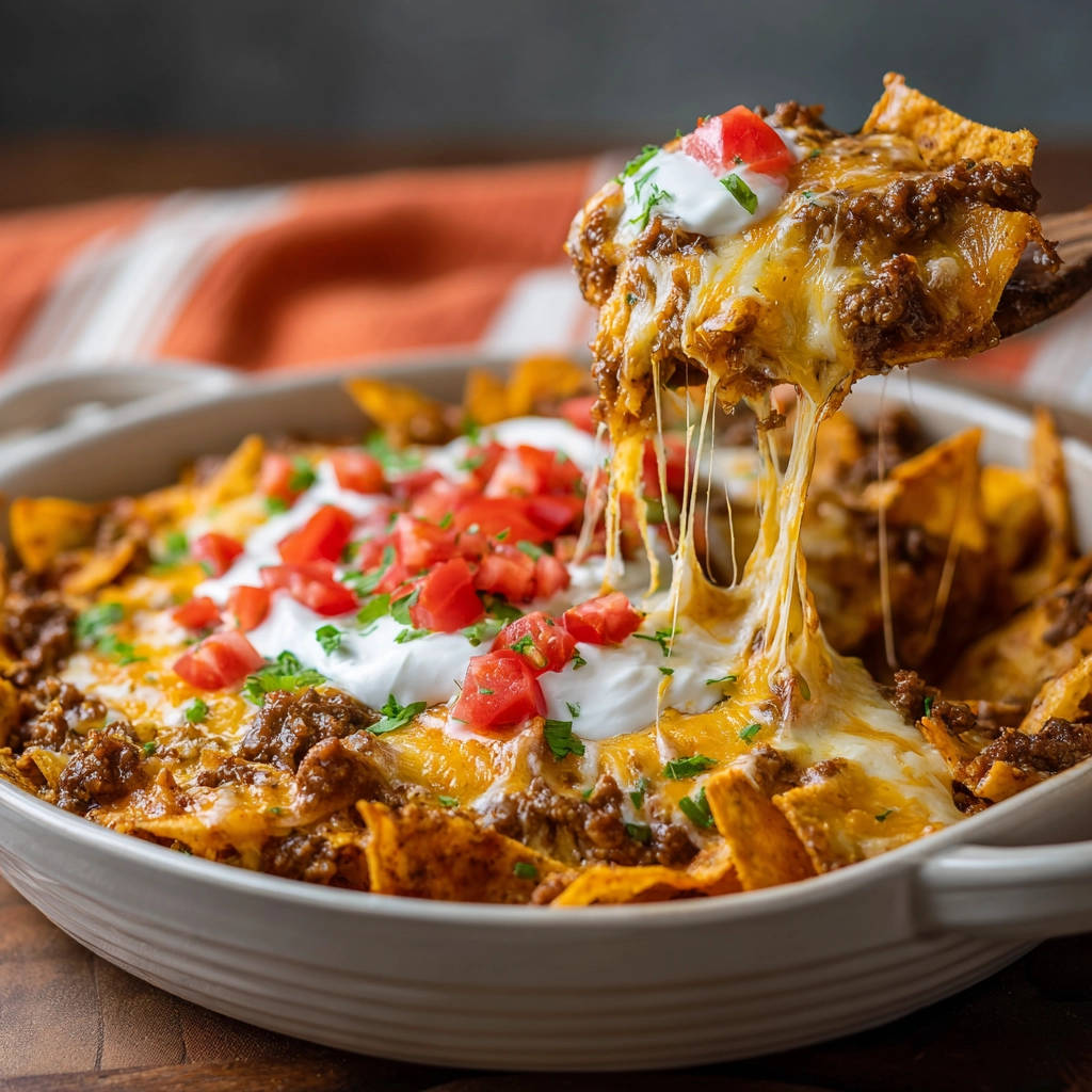 Überbackene Nachos Auflauf mit geschmolzenem Käse, der Fäden zieht, und frischen Tomaten garniert.