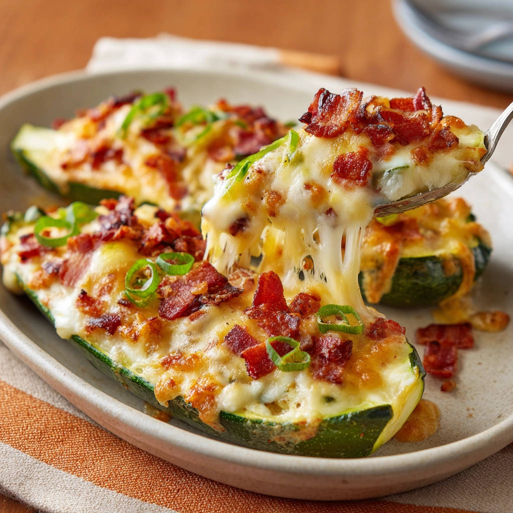 Überbackene Zucchini-Boote mit Speck und Käse, eine Gabel hebt ein Stück heraus, das geschmolzenen Käse zeigt.