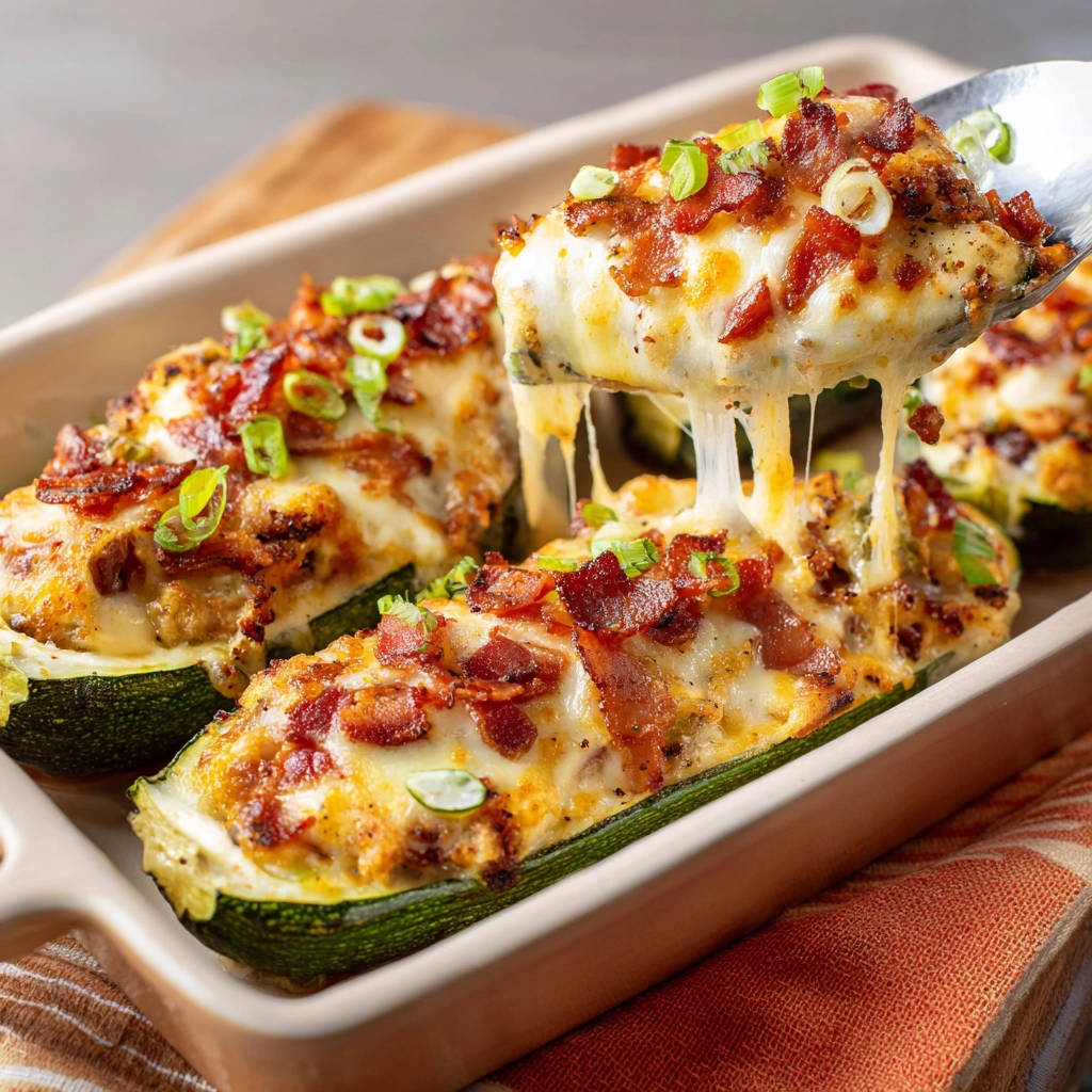 Überbackene Zucchini-Boote mit Speck und Käse, bei denen geschmolzener Käse Fäden zieht, frisch aus dem Ofen.