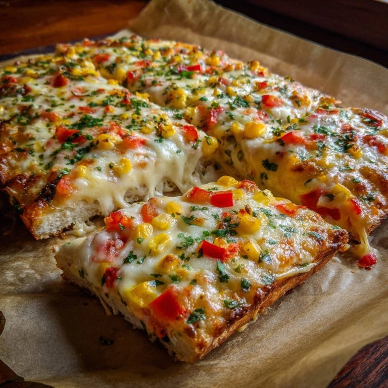 Überbackenes Brot mit Mais und Paprika, angeschnitten und mit geschmolzenem Käse, der Fäden zieht