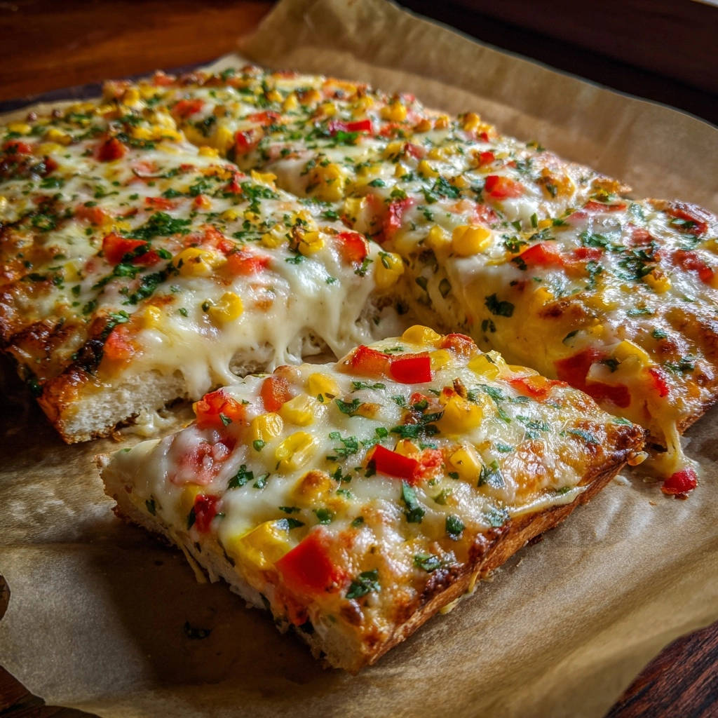 Überbackenes Brot mit Mais und Paprika, angeschnitten und mit geschmolzenem Käse, der Fäden zieht