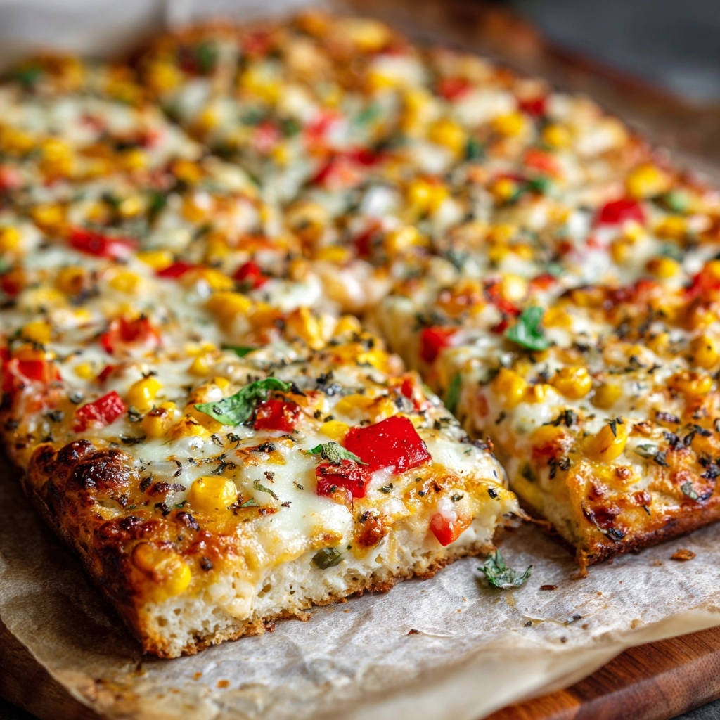 Überbackenes Brot mit Mais und Paprika angeschnitten, zeigt den luftigen Boden und die geschmolzene Käseschicht.