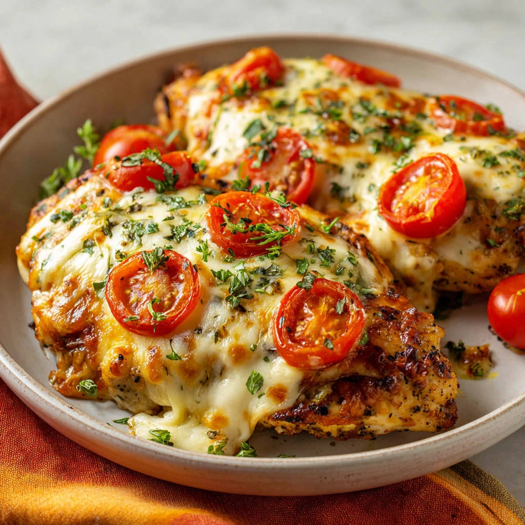 Überbackenes Hähnchen mit Tomaten und Käse, eine Nahaufnahme mit geschmolzenem Käse und frischen Tomaten garniert.
