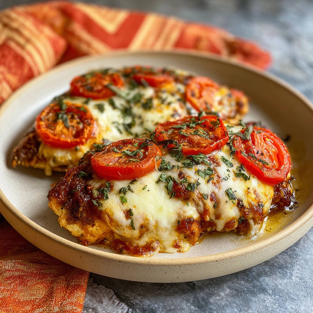Überbackenes Hähnchen mit Tomaten und Käse auf einem Teller, nahaufnahme der geschmolzenen Käsekruste und garnierten Kräuter.