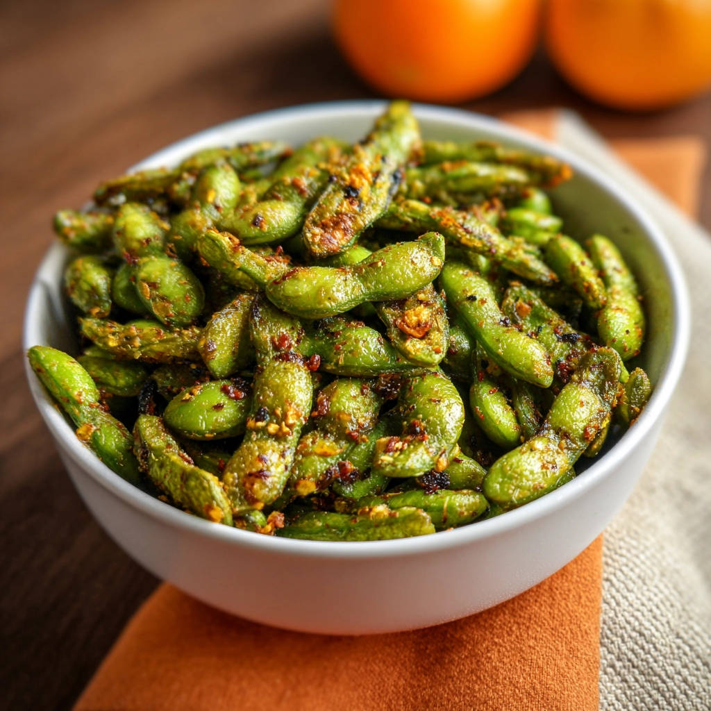Würzige Edamame aus der Pfanne als Nahaufnahme mit Gewürzen und sichtbarer Textur der Bohnen.