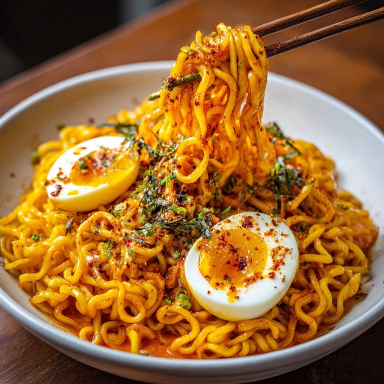 Würzige Ramen-Schale mit einem perfekt gekochten weichen Ei, das von Chopsticks hochgehoben wird, Nahaufnahme.