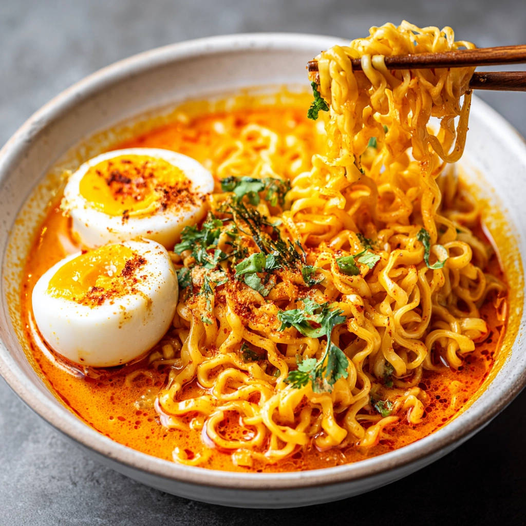 Würzige Ramen-Schale mit zwei halbierten weichen Eiern und dampfenden Nudeln, garniert mit Kräutern.