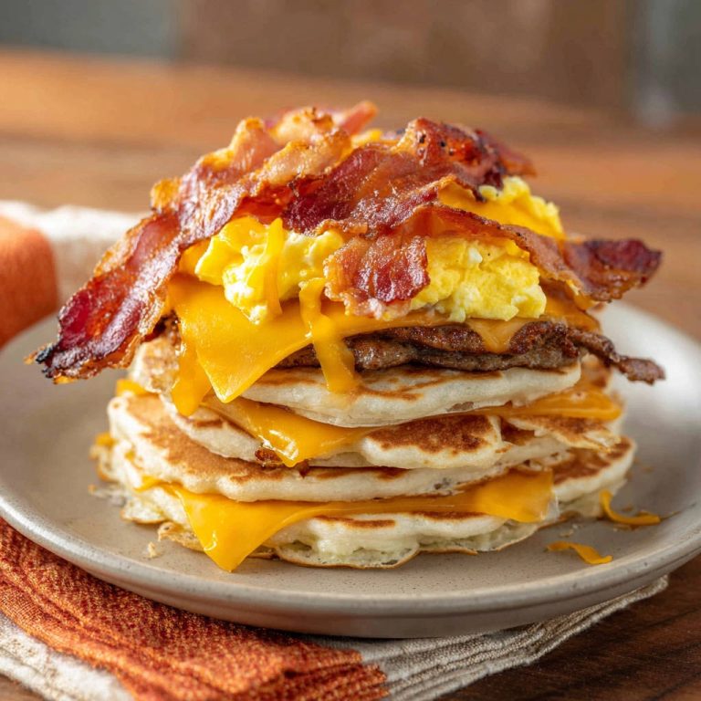 XXL Frühstücks-Stack mit knusprigem Speck, Käse und Rührei, Nahaufnahme der übereinander gestapelten Pancakes.