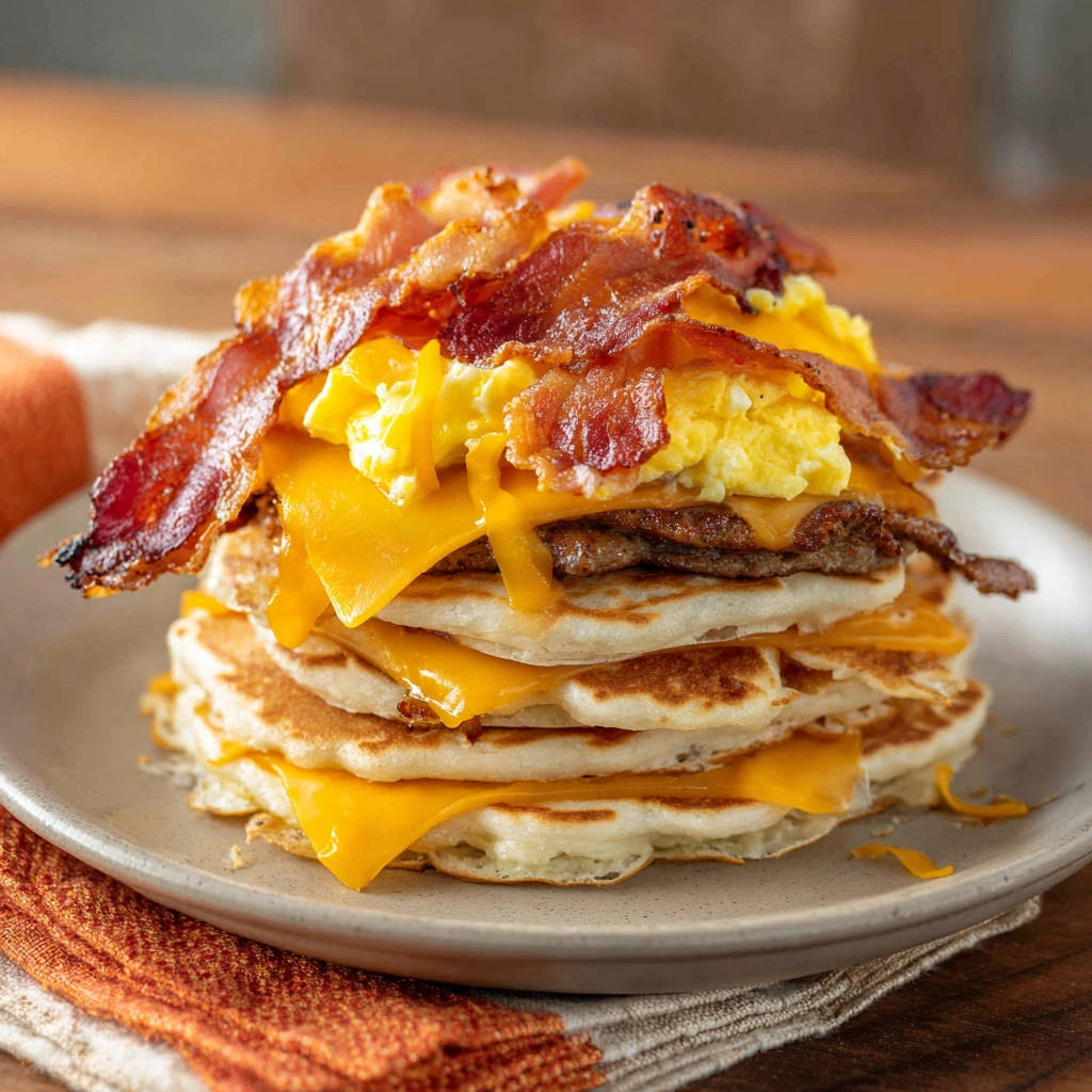 XXL Frühstücks-Stack mit knusprigem Speck, Käse und Rührei, Nahaufnahme der übereinander gestapelten Pancakes.