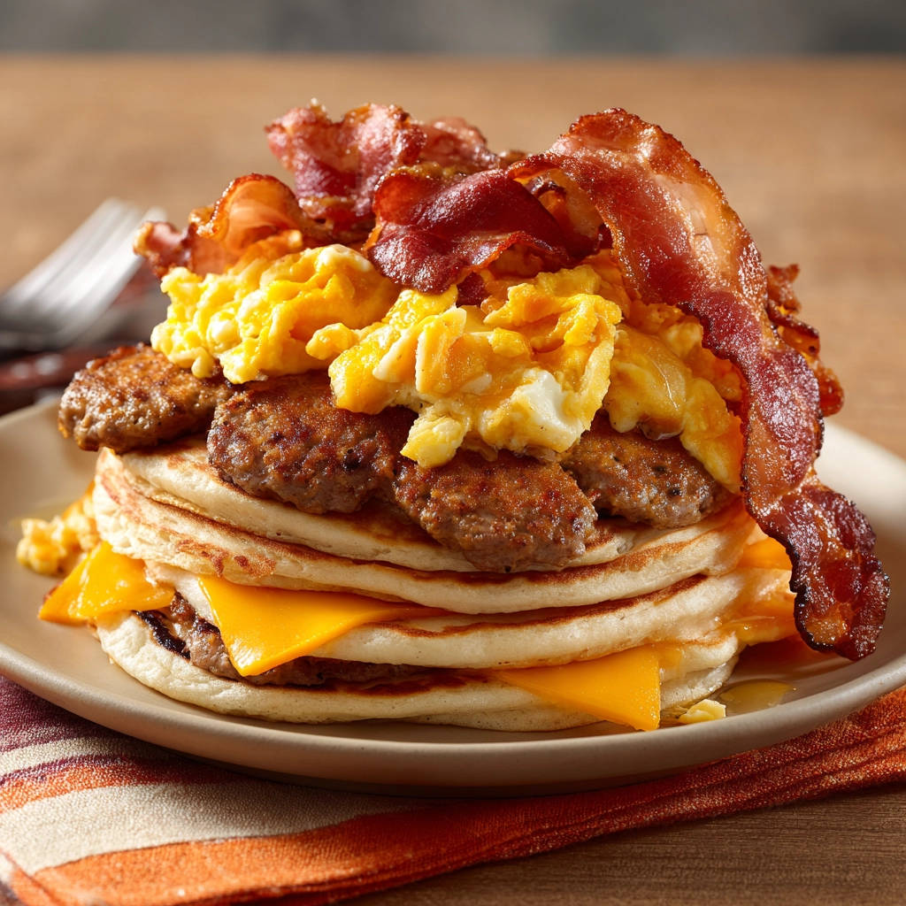 XXL Frühstücks-Stack mit knusprigem Speck, Rührei, Würstchen und Käse auf Pancakes, in Detailansicht von der Seite.