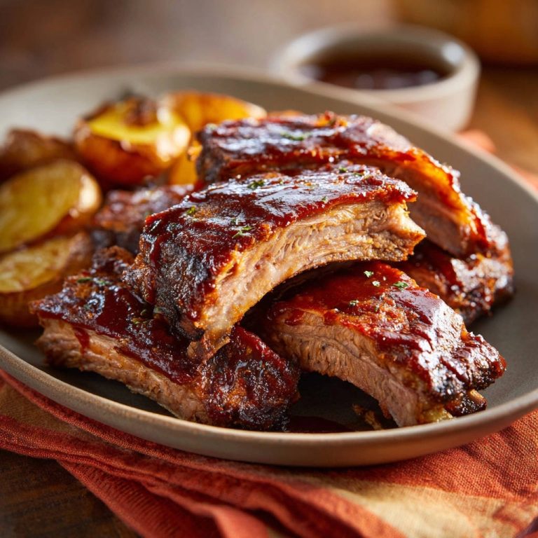 Zarte Rinderrippchen vom Blech als Nahaufnahme des saftigen Querschnitts mit BBQ-Sauce und Beilagen.