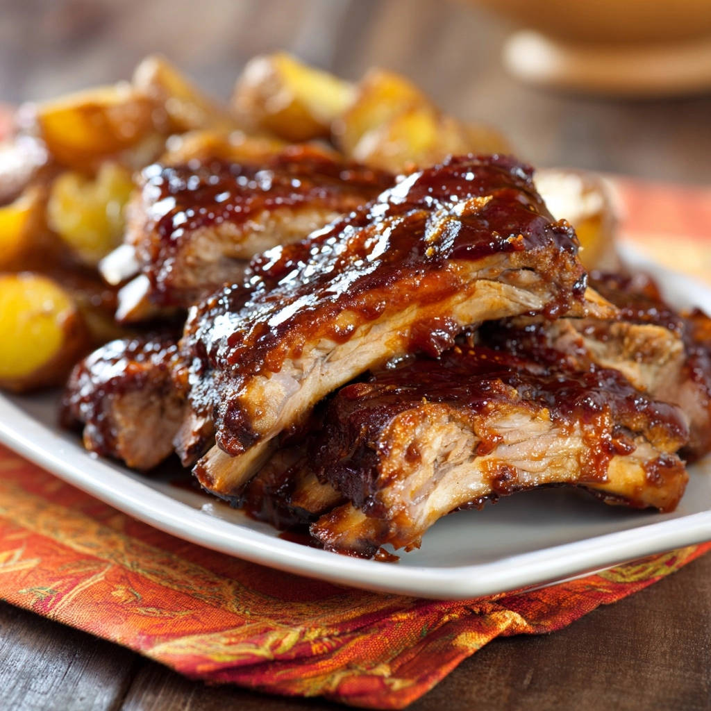 Zarte Rinderrippchen vom Blech, nah aufgenommen mit glänzender BBQ-Glasur und Beilagenkartoffeln.