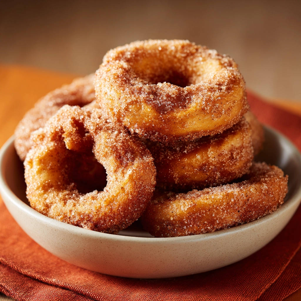 Zimt-Zucker Donuts als Stapel in einem Teller, Nahaufnahme der leicht glänzenden Zuckerkruste