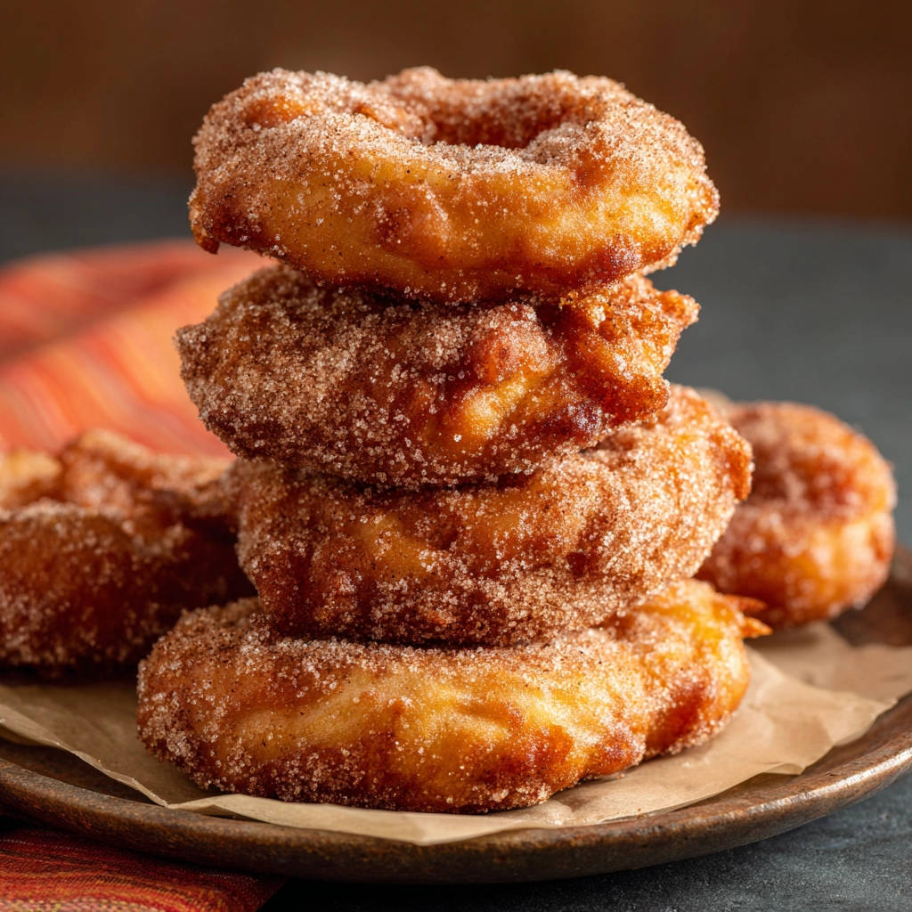 Zimt-Zucker Ringe als Stapel nah aufgenommen mit sichtbarer Zucker-Zimt-Kruste und goldbrauner Frittierung.