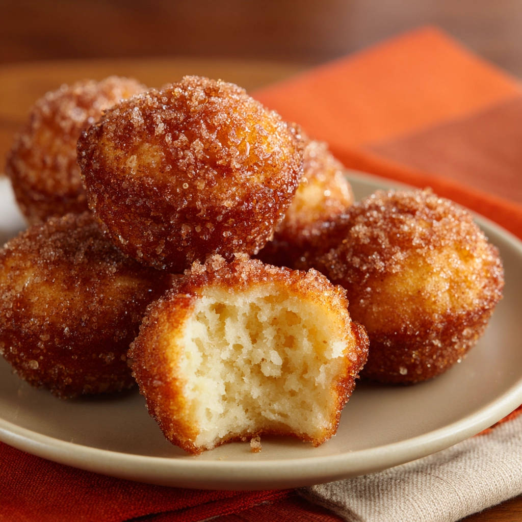 Zimtzuckerbällchen, angeschnitten um die fluffige und weiche Innenseite zu zeigen, auf einem Teller serviert.
