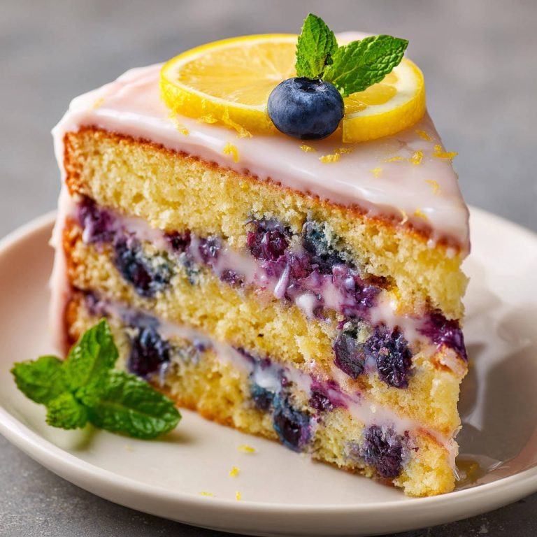 Zitronen-Blaubeer-Schichtkuchen angeschnitten, zeigt saftige Blaubeeren und Zitronenglasur auf einem Teller mit Minze garniert.