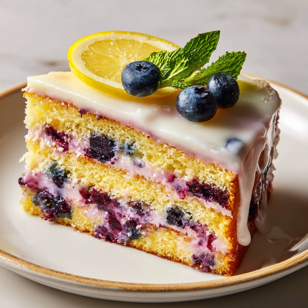 Zitronen-Blaubeer-Schichtkuchen, ein angeschnittenes Stück mit Blaubeeren und Zitronengarnitur auf einem Teller.
