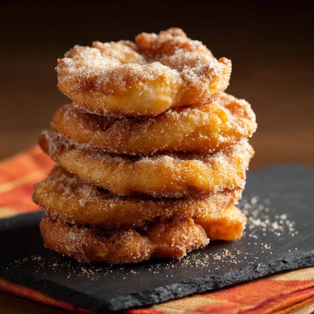 Klassische Zucker-Zimt-Donuts als Stapel auf einem dunklen Teller, nahaufnahme mit Zimt und Zucker bestreut
