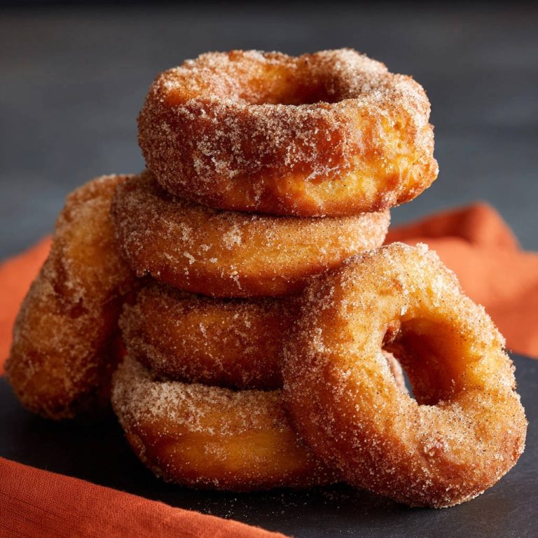 Klassische Zucker-Zimt-Donuts, gestapelt und in Nahaufnahme mit deutlicher Zimt-Zucker-Kruste und fluffiger Textur.