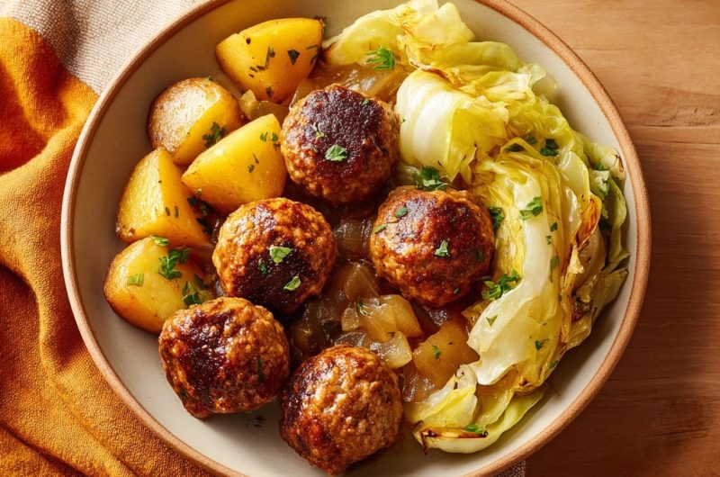Deftige Frikadellen mit Kartoffeln und geschmortem Kohl